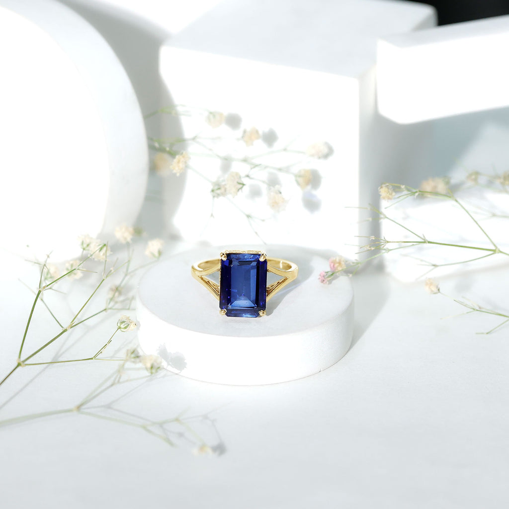 Lab Grown Sapphire Ring, 9 Carat Emerald Cut Engagement Ring