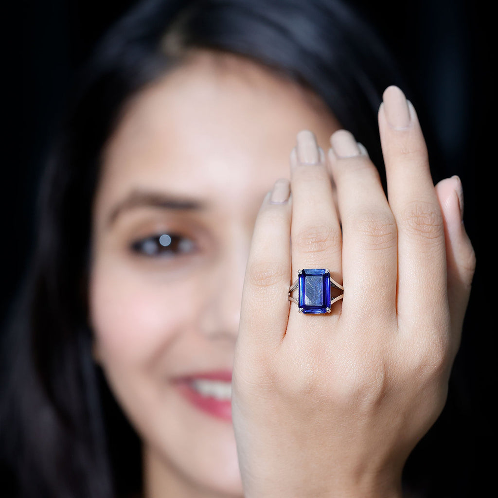 Lab Grown Sapphire Ring, 9 Carat Emerald Cut Engagement Ring