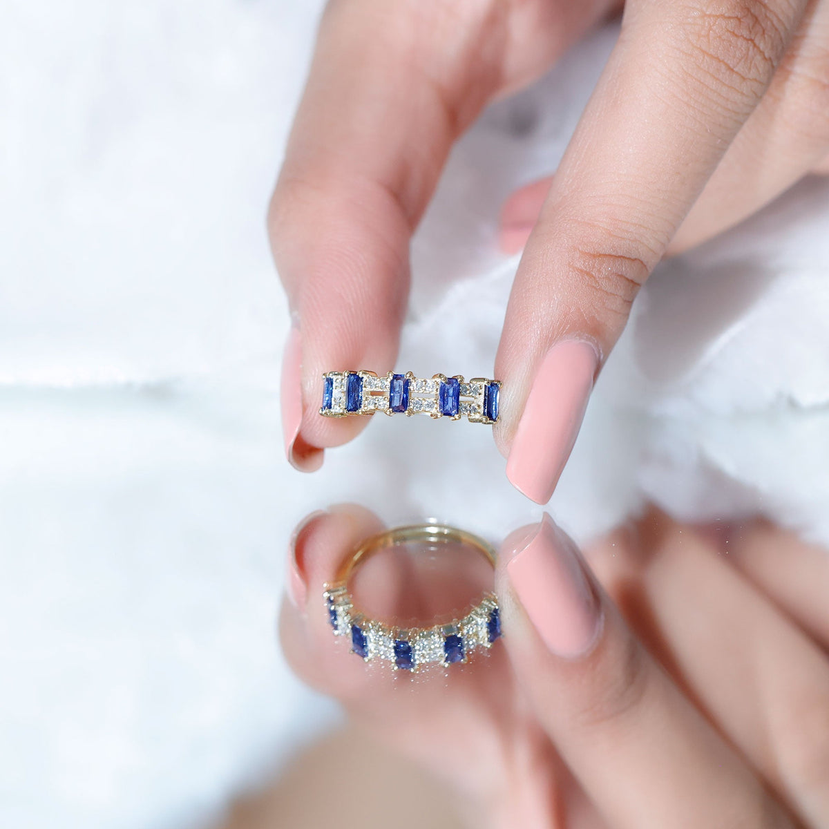 Lab Grown Sapphire Ring Baguette Blue Sapphire Half Eternity Band