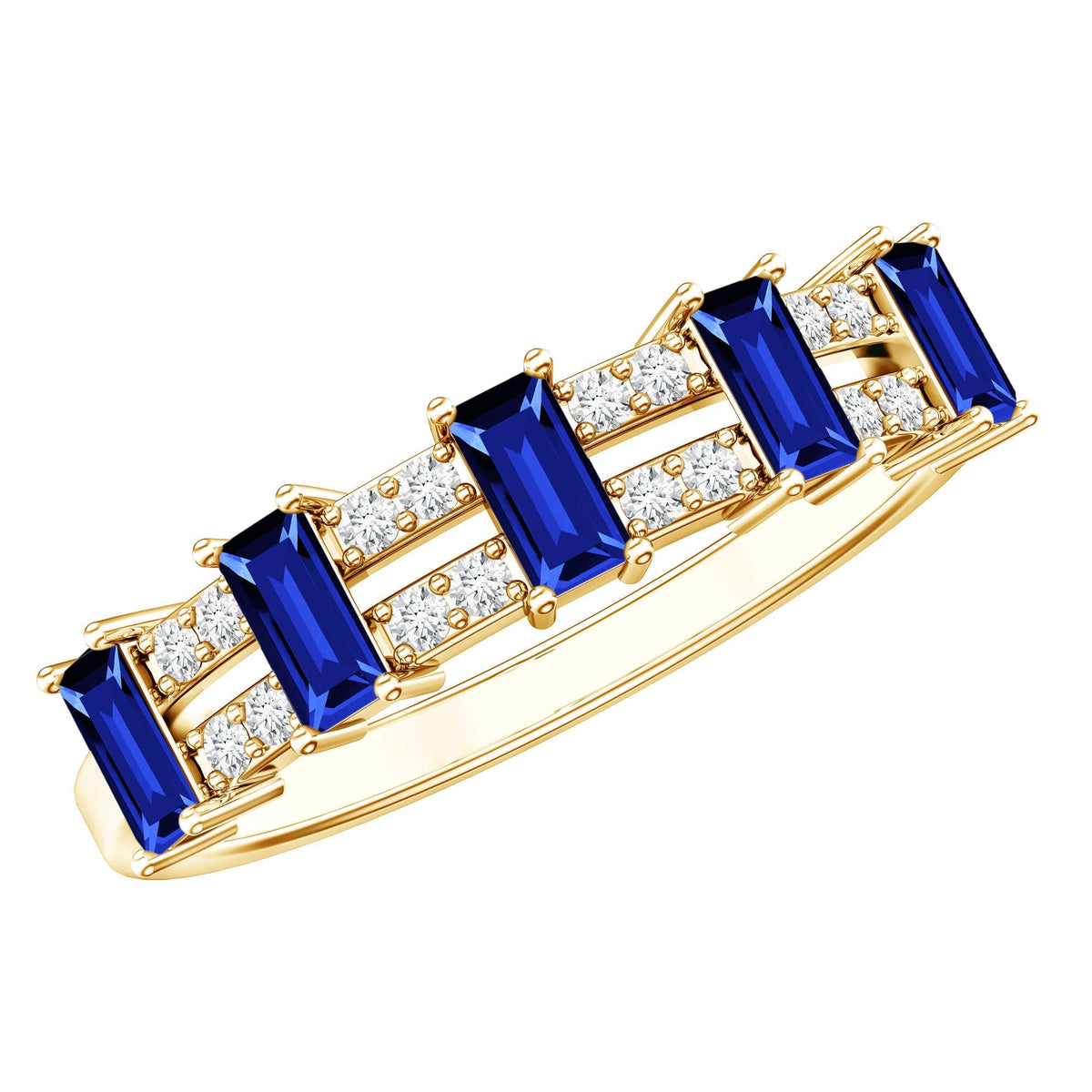 Lab Grown Sapphire Ring Baguette Blue Sapphire Half Eternity Band
