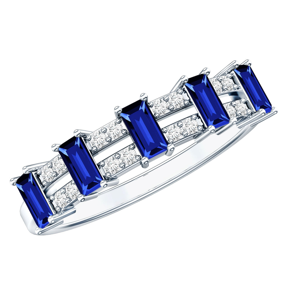 Lab Grown Sapphire Ring Baguette Blue Sapphire Half Eternity Band