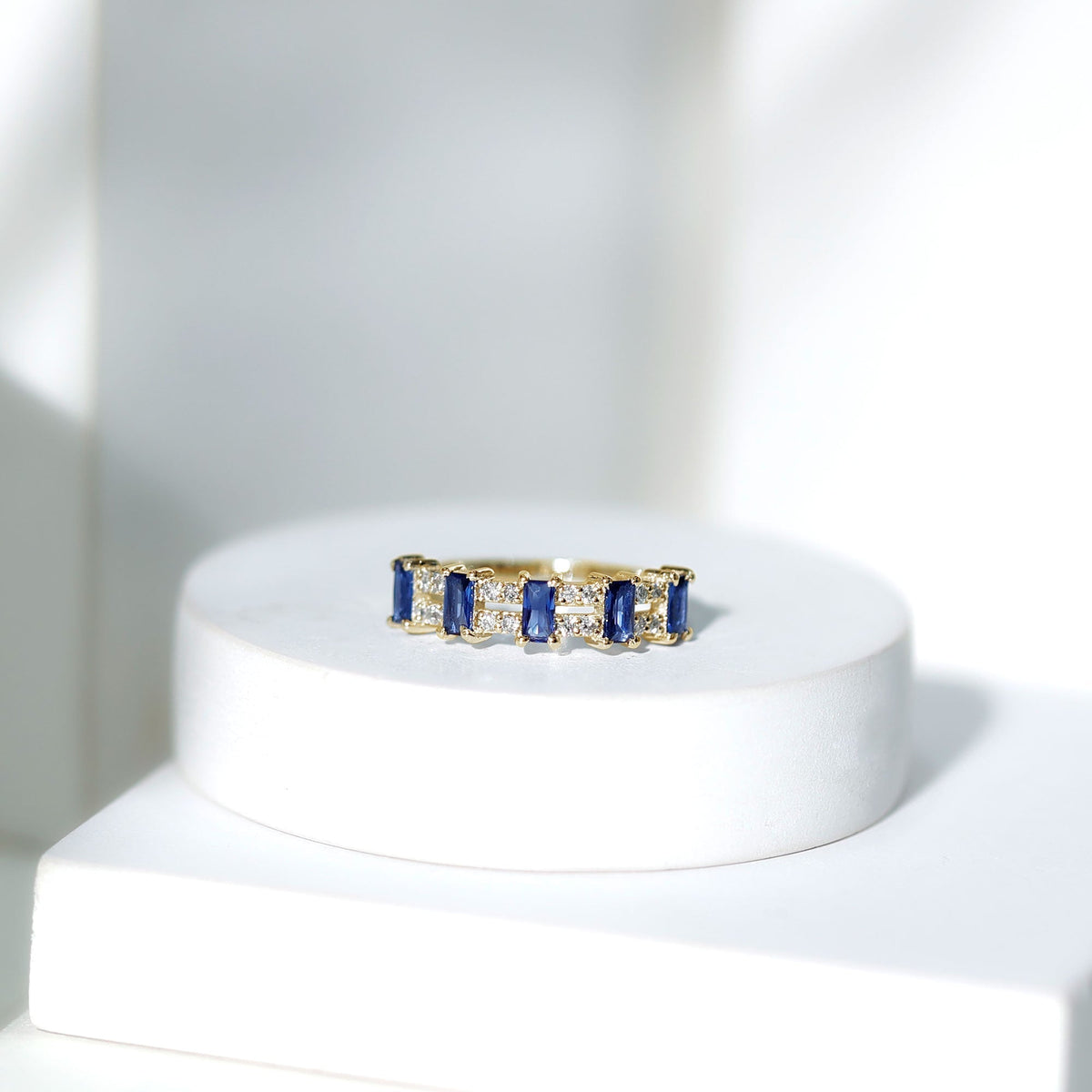 Lab Grown Sapphire Ring Baguette Blue Sapphire Half Eternity Band