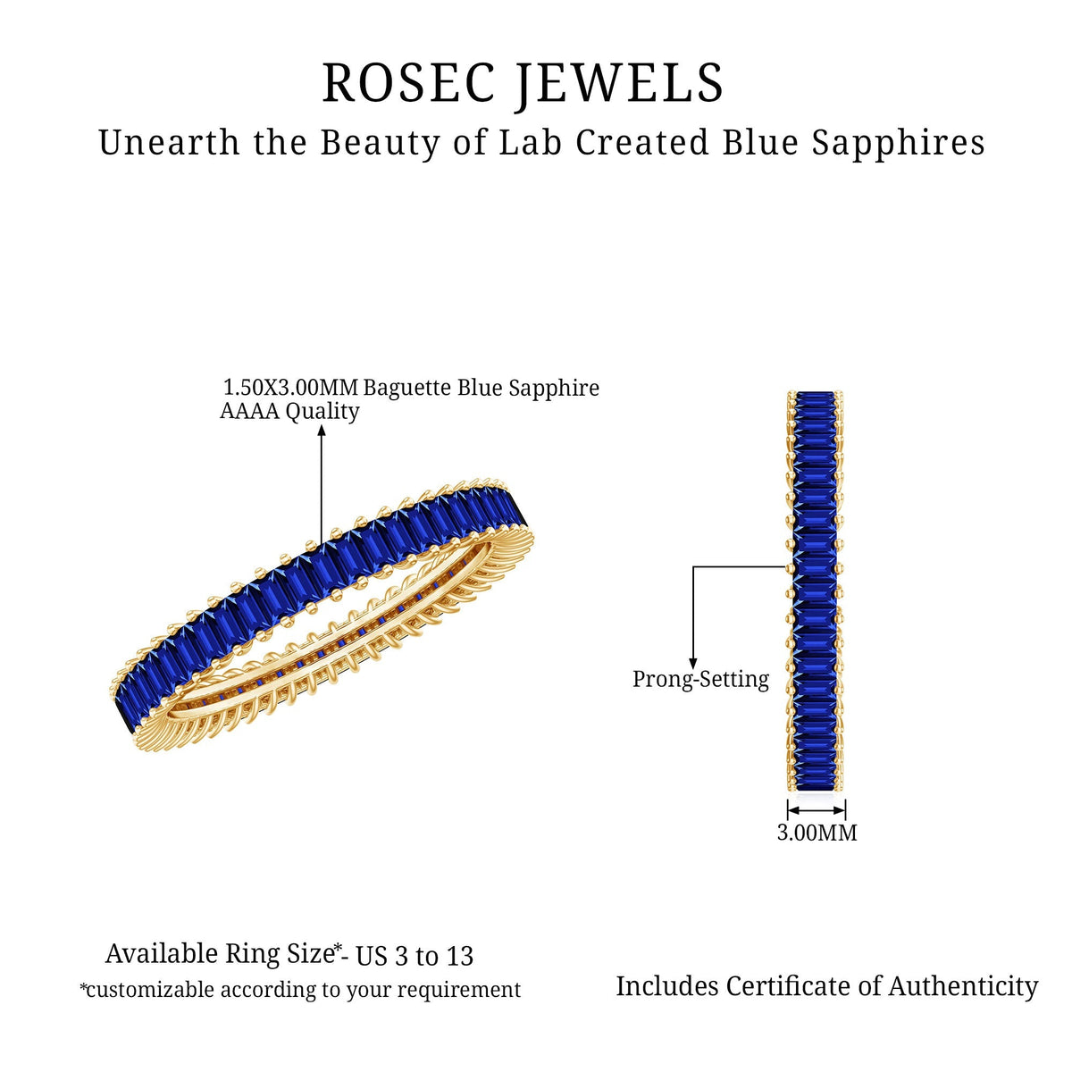 Lab Grown Sapphire Ring Blue Baguette Eternity Band