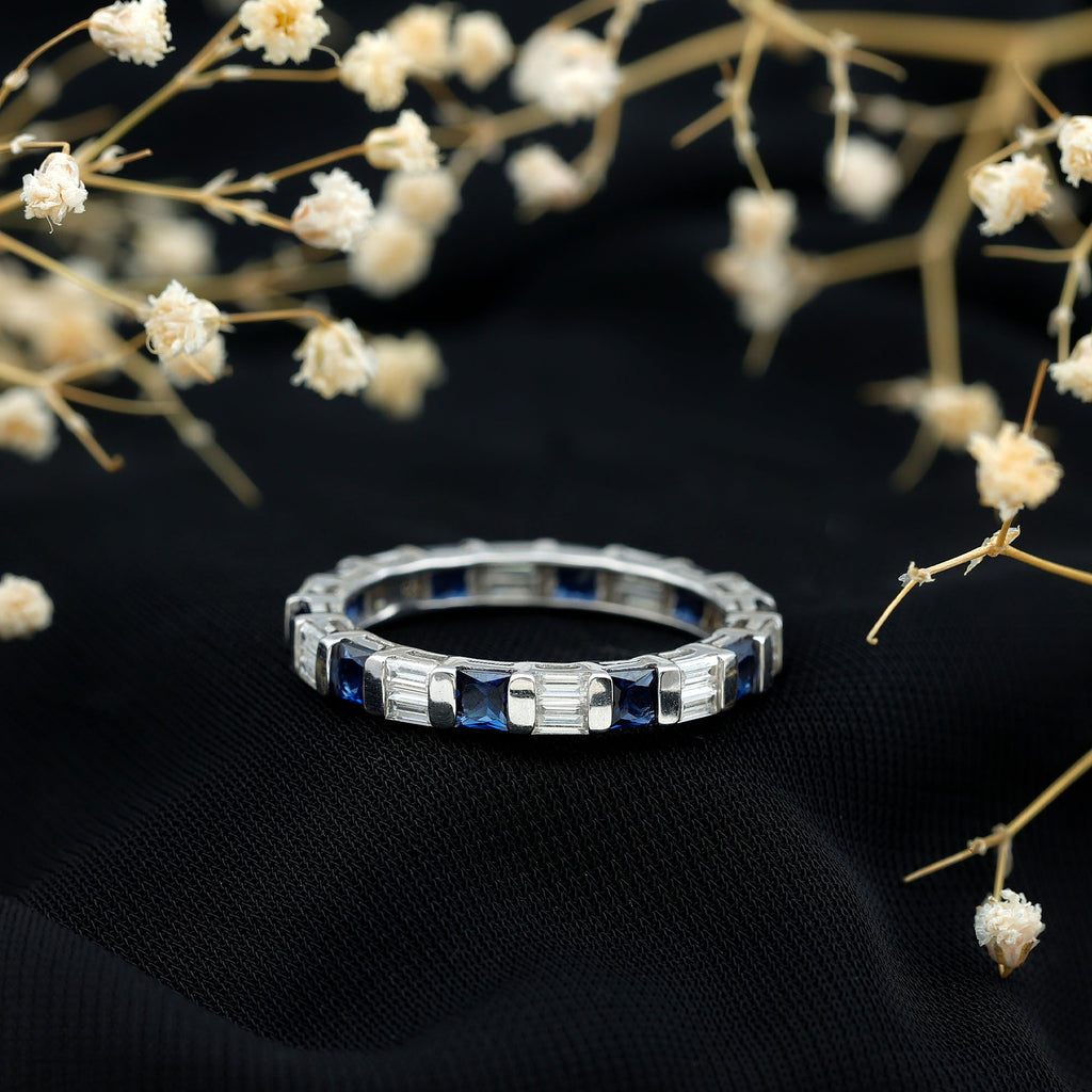 Lab Grown Sapphire Ring Blue Eternity Wedding Band With Moissanite