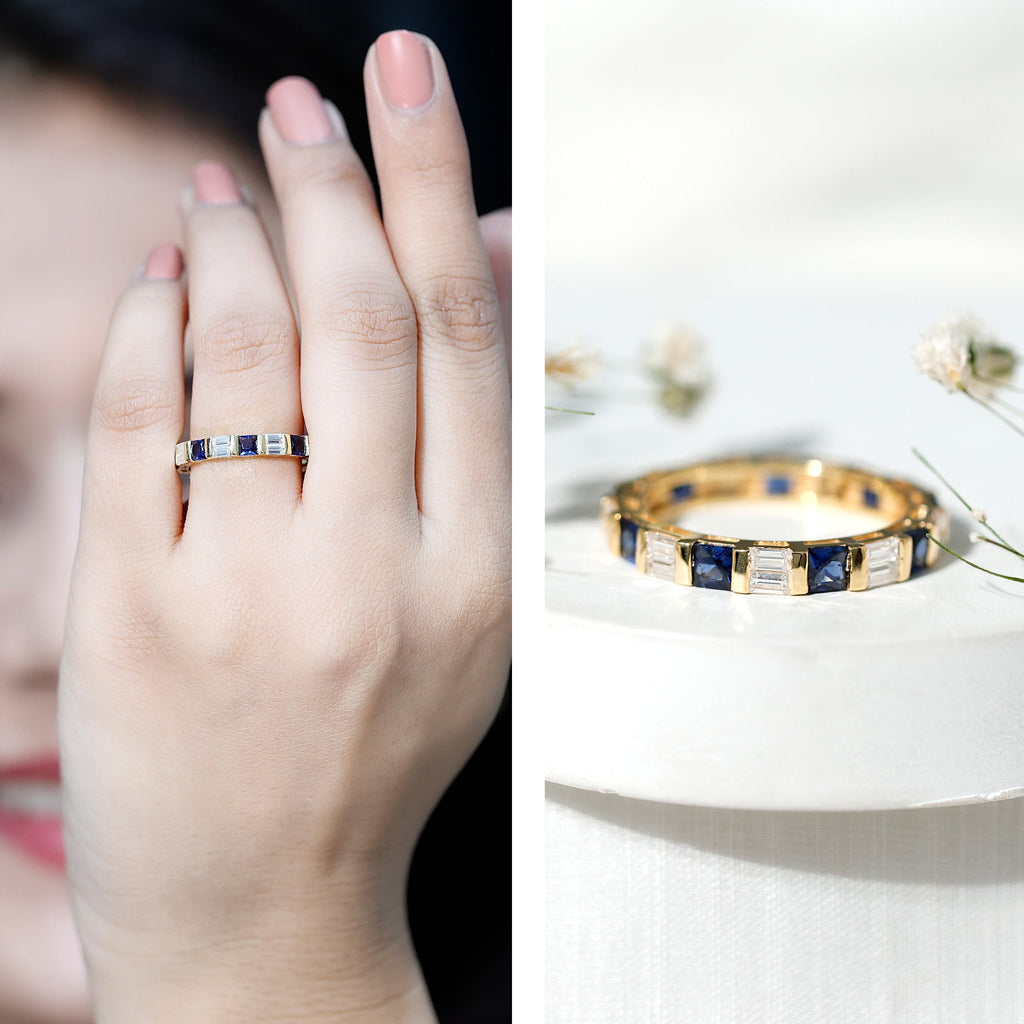 Lab Grown Sapphire Ring Blue Eternity Wedding Band With Moissanite