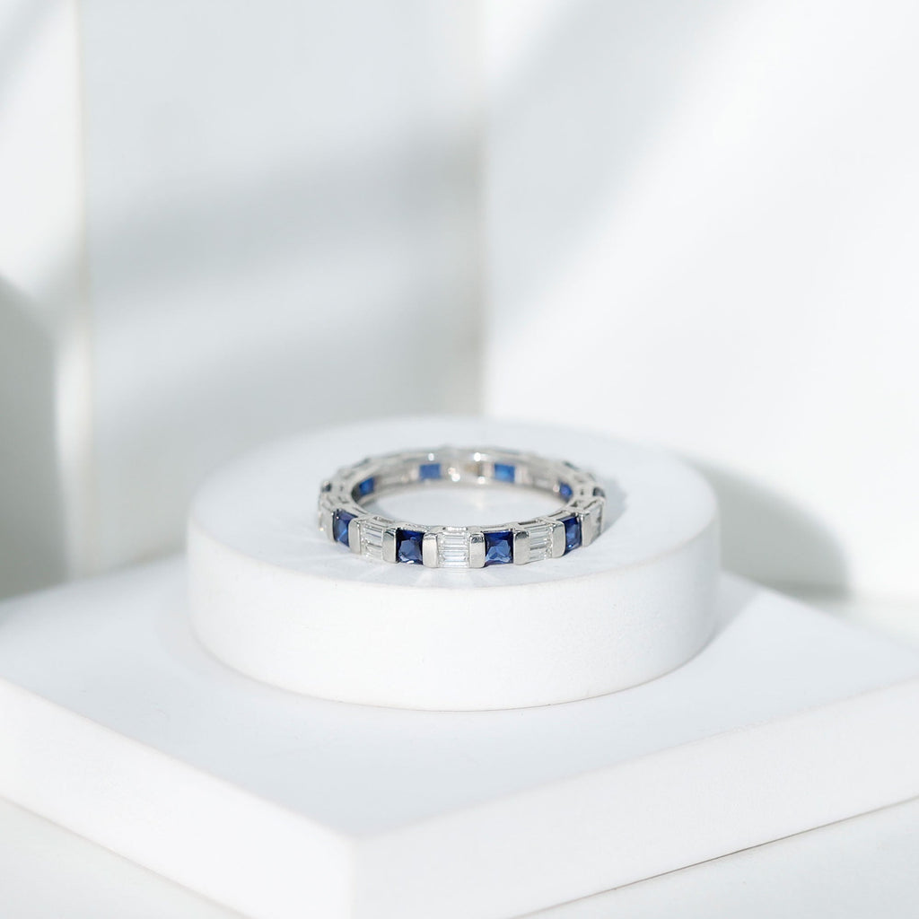 Lab Grown Sapphire Ring Blue Eternity Wedding Band With Moissanite