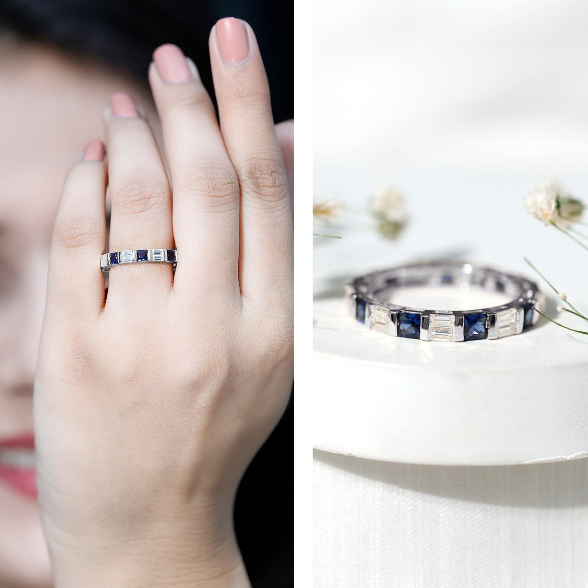 Lab Grown Sapphire Ring Blue Eternity Wedding Band With Moissanite