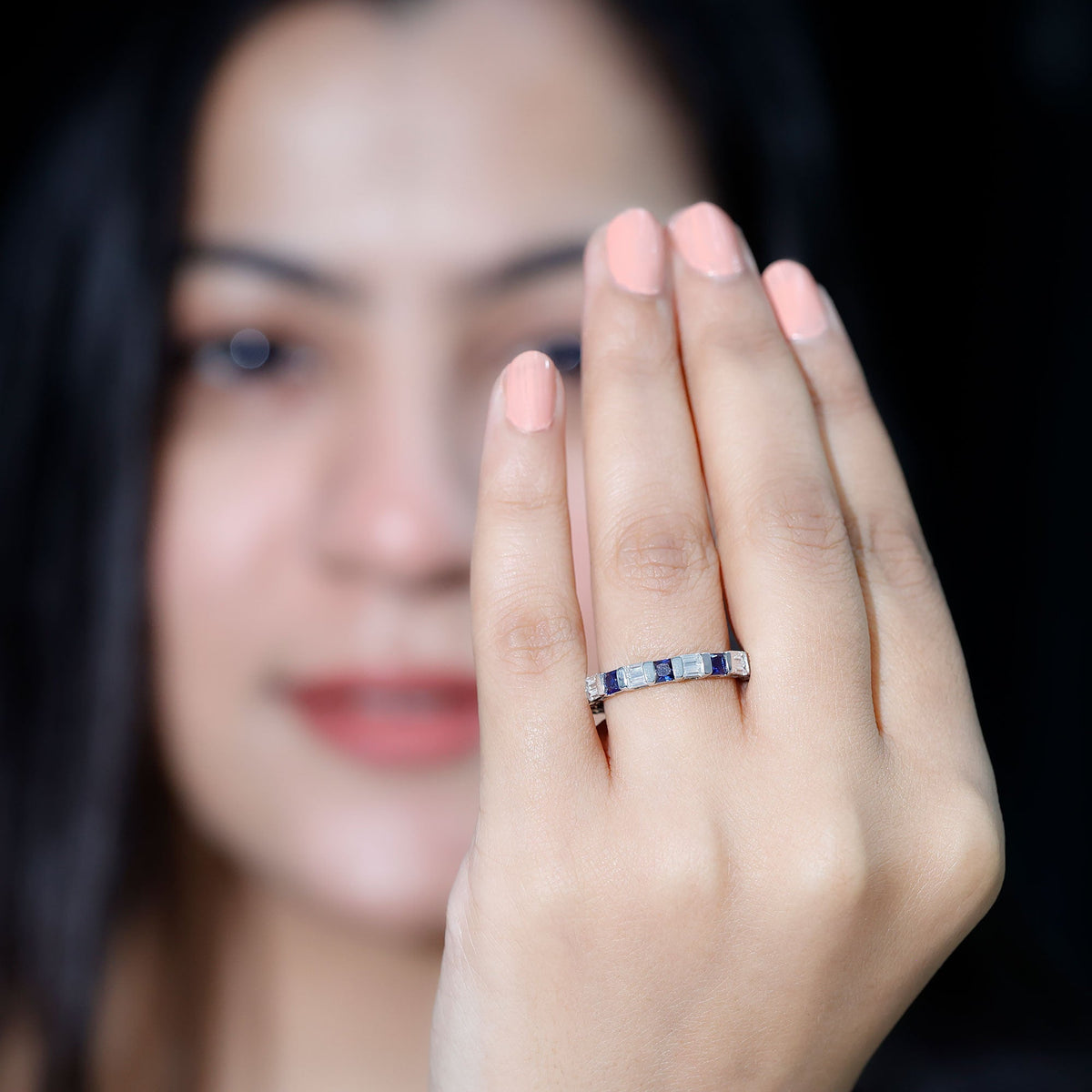 Lab Grown Sapphire Ring Blue Eternity Wedding Band With Moissanite