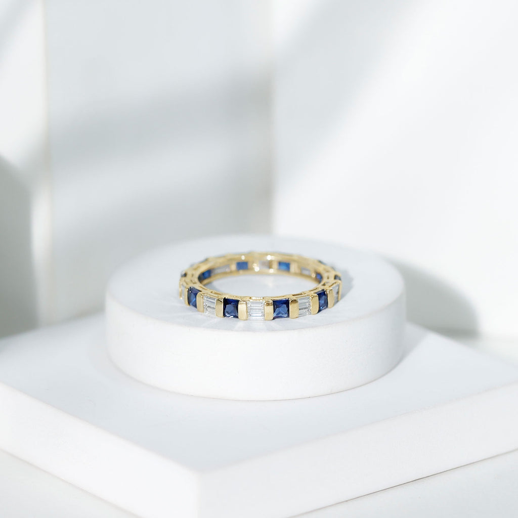 Lab Grown Sapphire Ring Blue Eternity Wedding Band With Moissanite
