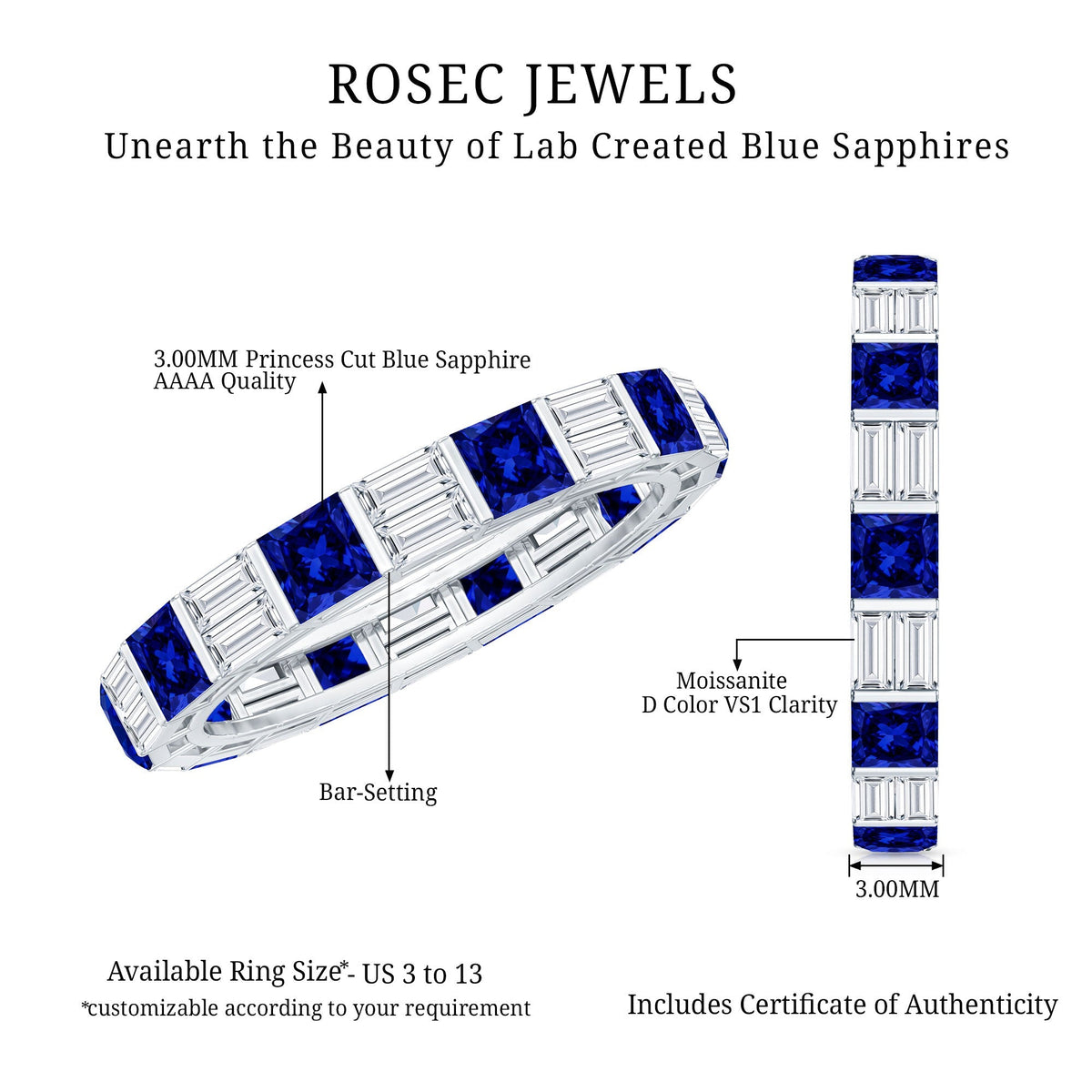 Lab Grown Sapphire Ring Blue Eternity Wedding Band With Moissanite