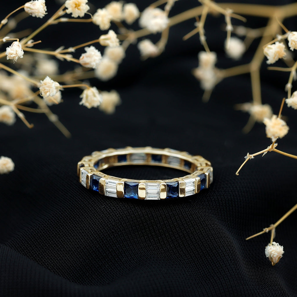 Lab Grown Sapphire Ring Blue Eternity Wedding Band With Moissanite