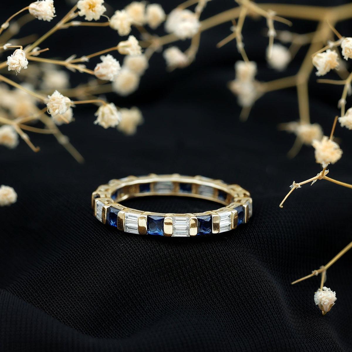 Lab Grown Sapphire Ring Blue Eternity Wedding Band With Moissanite