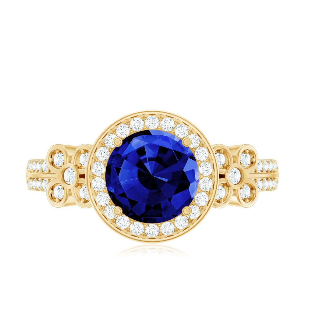 Lab Grown Sapphire Ring Blue Halo Diamond Flower Engagement Ring