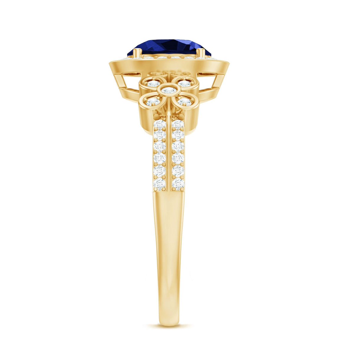 Lab Grown Sapphire Ring Blue Halo Diamond Flower Engagement Ring