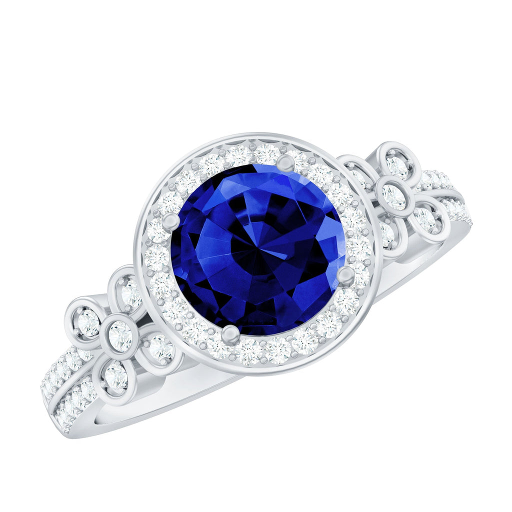 Lab Grown Sapphire Ring Blue Halo Diamond Flower Engagement Ring