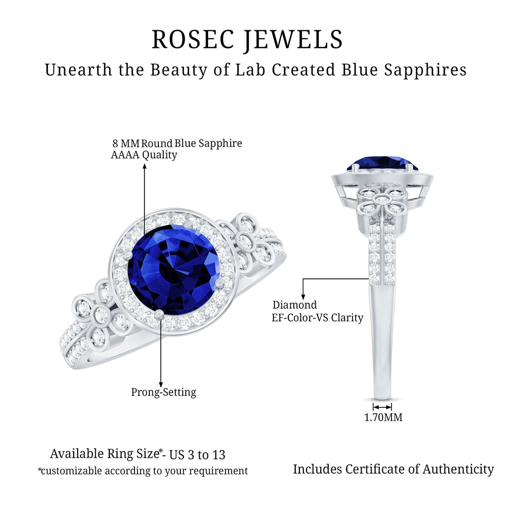 Lab Grown Sapphire Ring Blue Halo Diamond Flower Engagement Ring