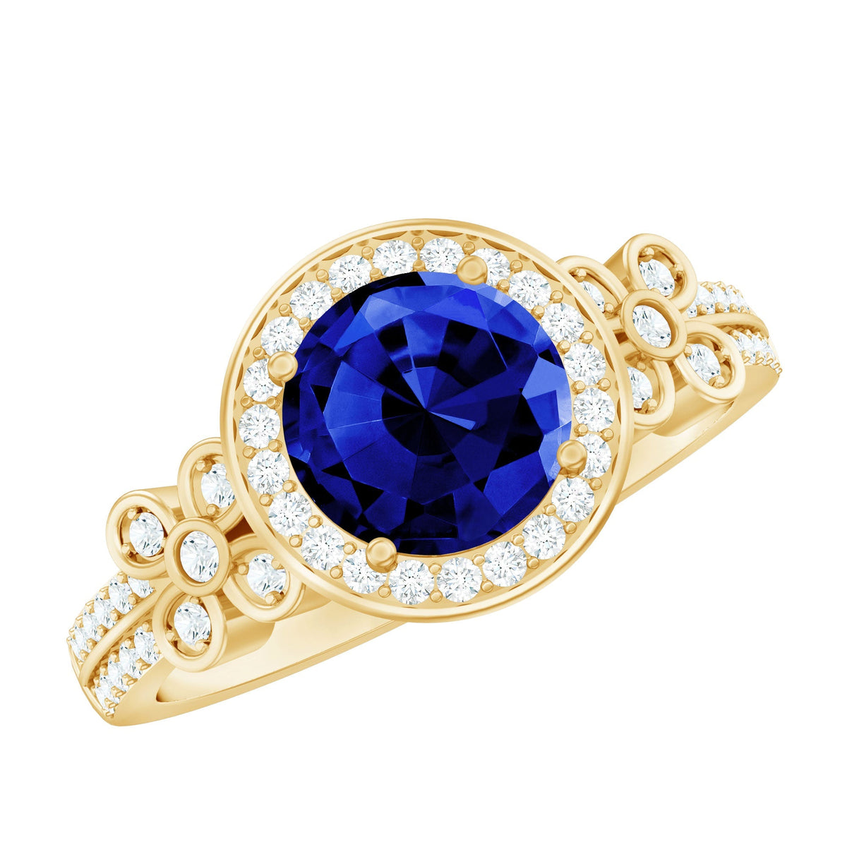 Lab Grown Sapphire Ring Blue Halo Diamond Flower Engagement Ring