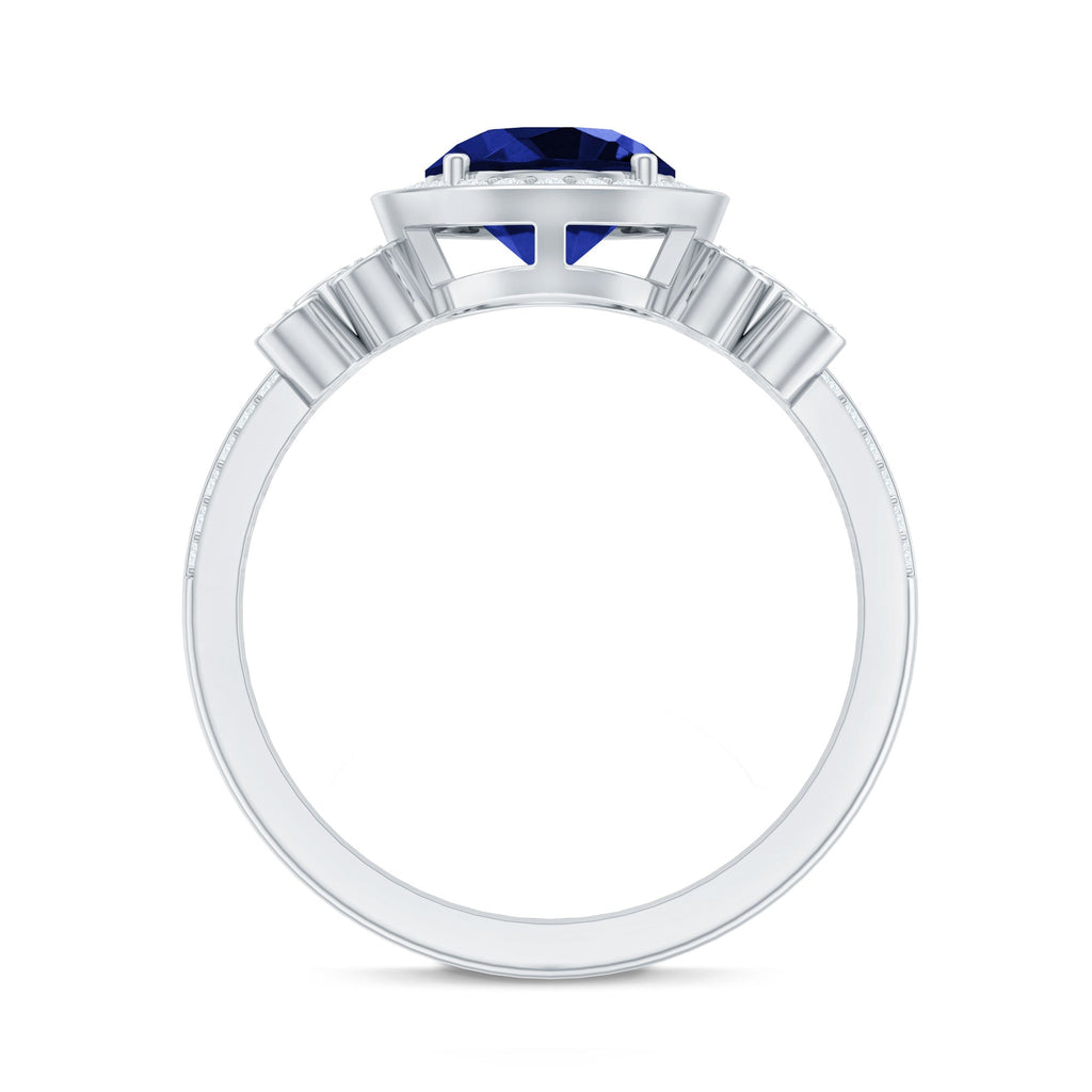 Lab Grown Sapphire Ring Blue Halo Diamond Flower Engagement Ring