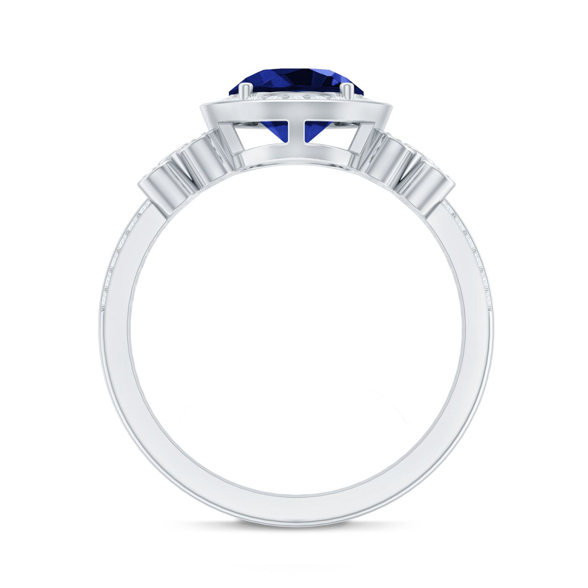 Lab Grown Sapphire Ring Blue Halo Diamond Flower Engagement Ring