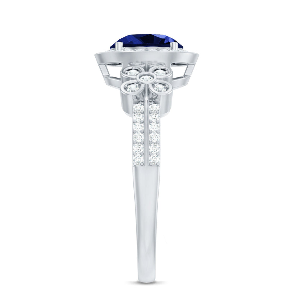 Lab Grown Sapphire Ring Blue Halo Diamond Flower Engagement Ring
