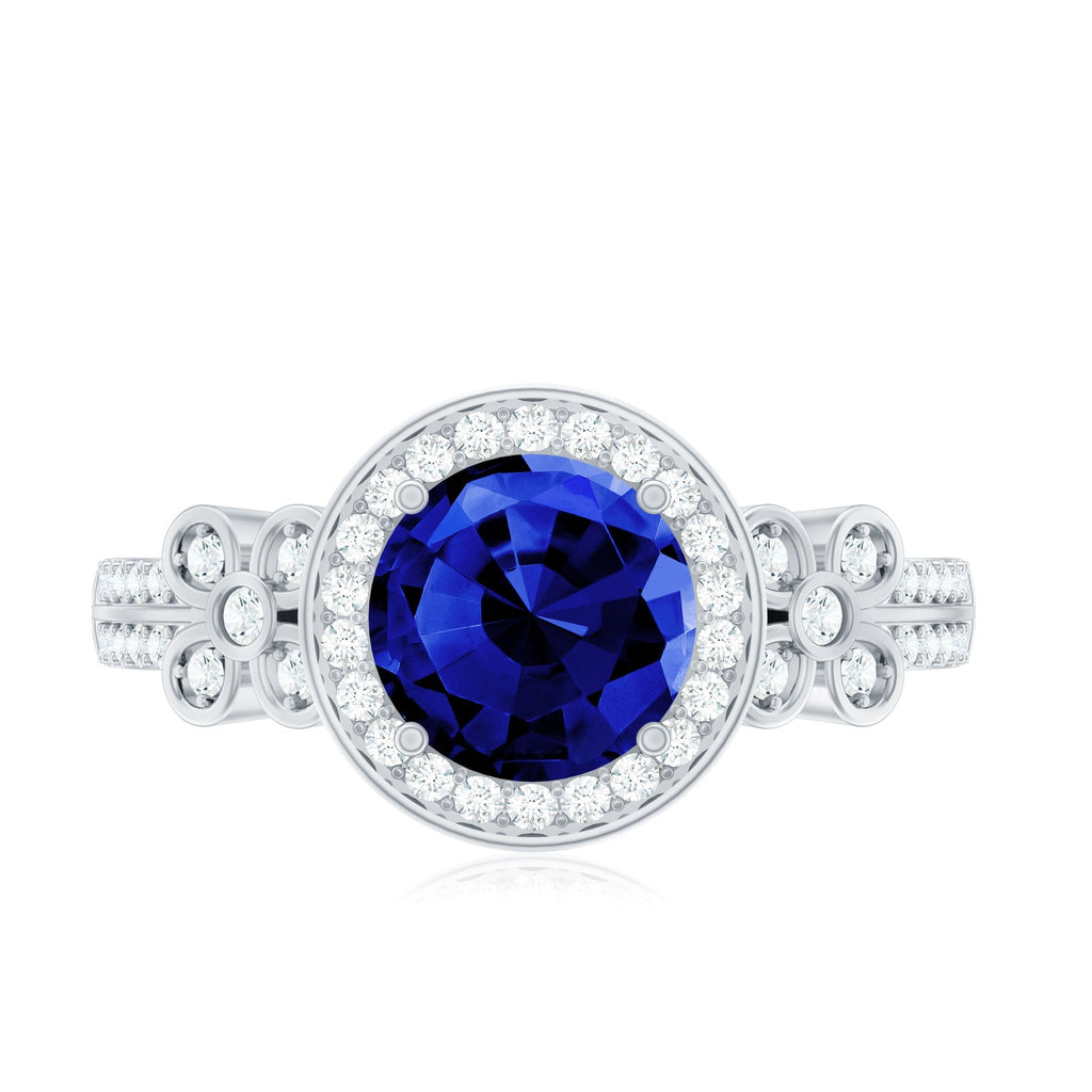 Lab Grown Sapphire Ring Blue Halo Diamond Flower Engagement Ring