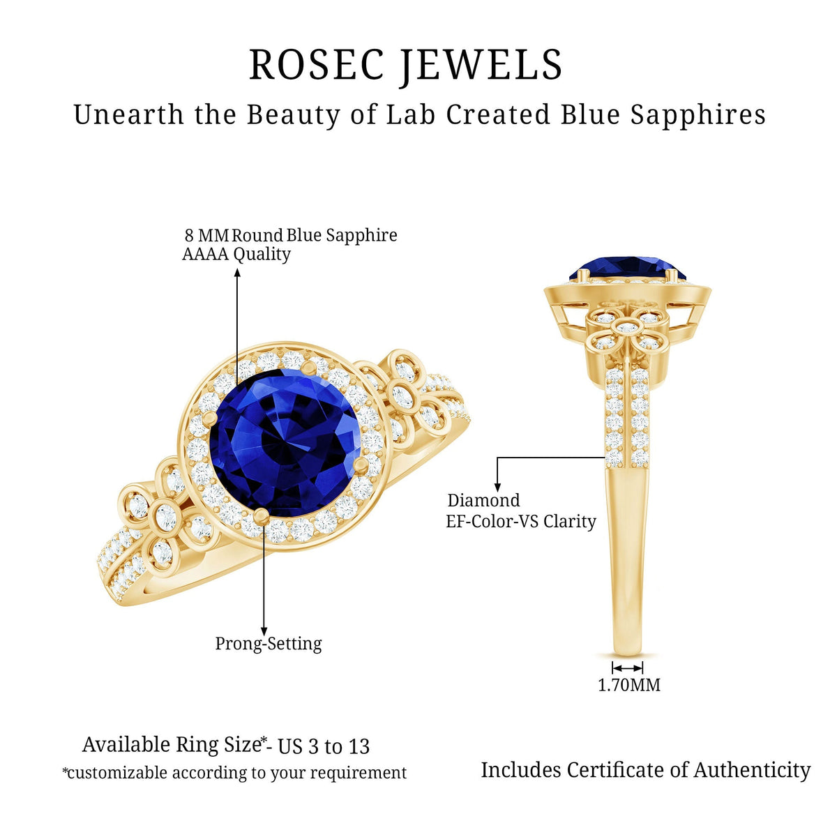 Lab Grown Sapphire Ring Blue Halo Diamond Flower Engagement Ring