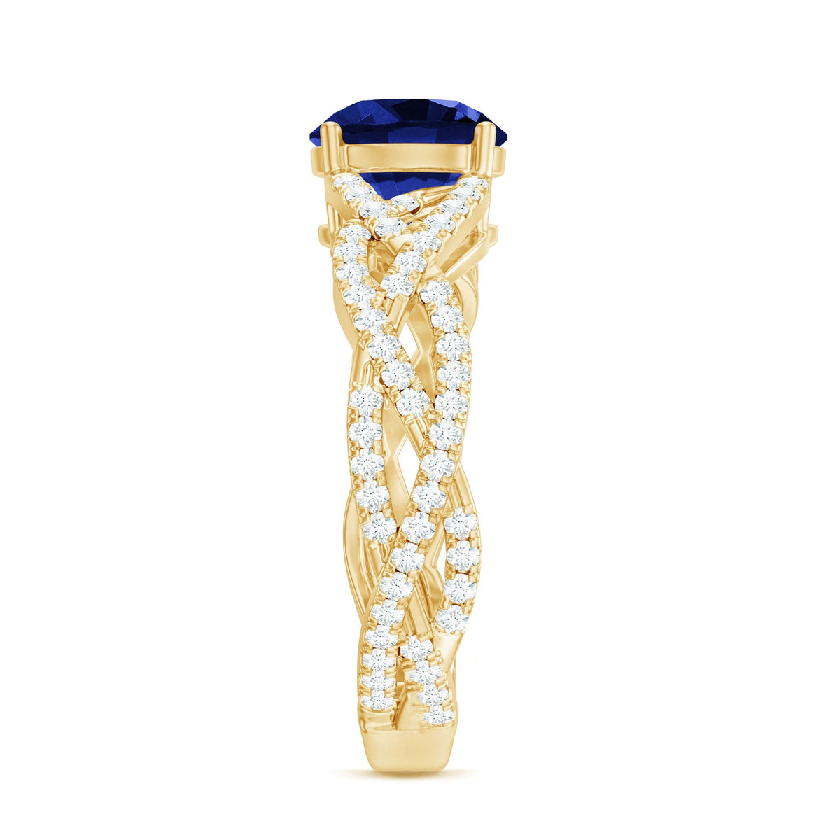 Lab Grown Sapphire Ring, Blue Sapphire Criss Cross Diamond Band