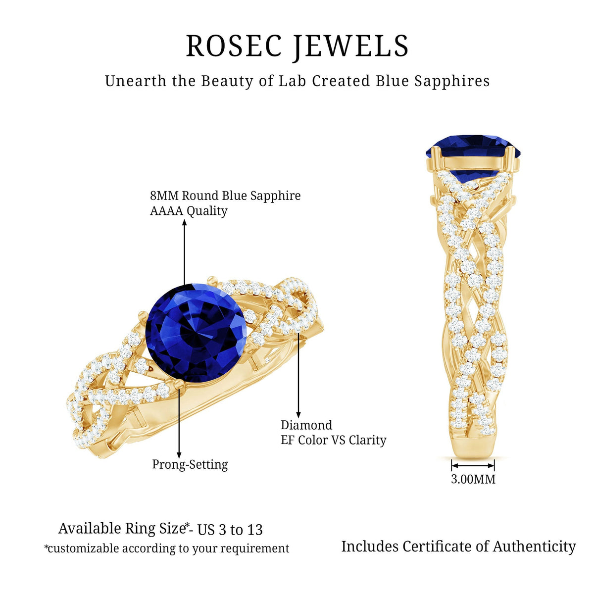Lab Grown Sapphire Ring, Blue Sapphire Criss Cross Diamond Band