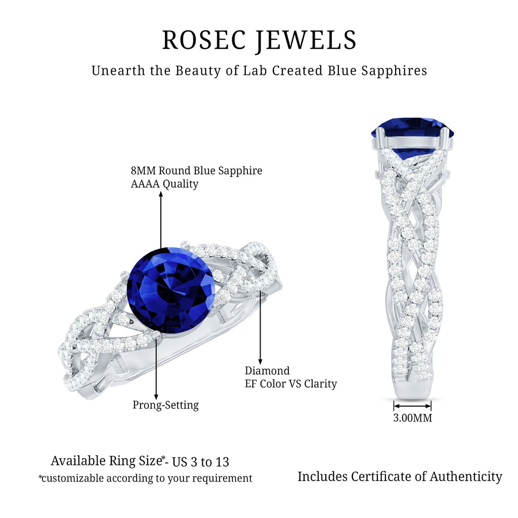 Lab Grown Sapphire Ring, Blue Sapphire Criss Cross Diamond Band