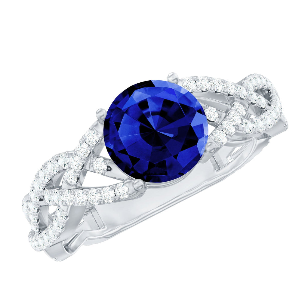 Lab Grown Sapphire Ring, Blue Sapphire Criss Cross Diamond Band
