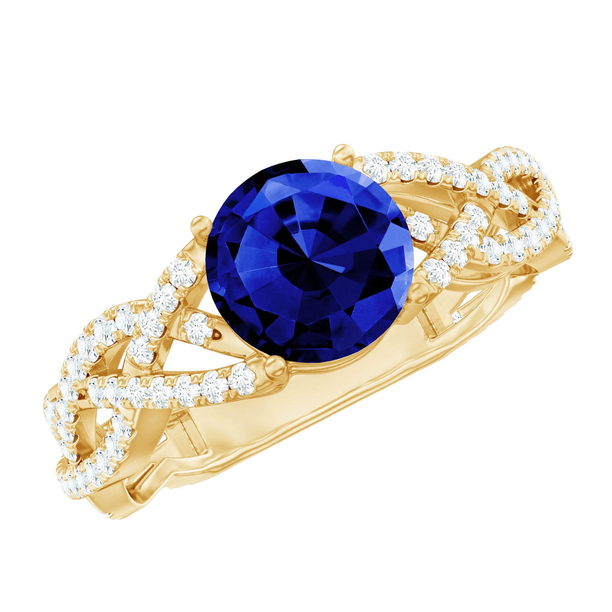 Lab Grown Sapphire Ring, Blue Sapphire Criss Cross Diamond Band
