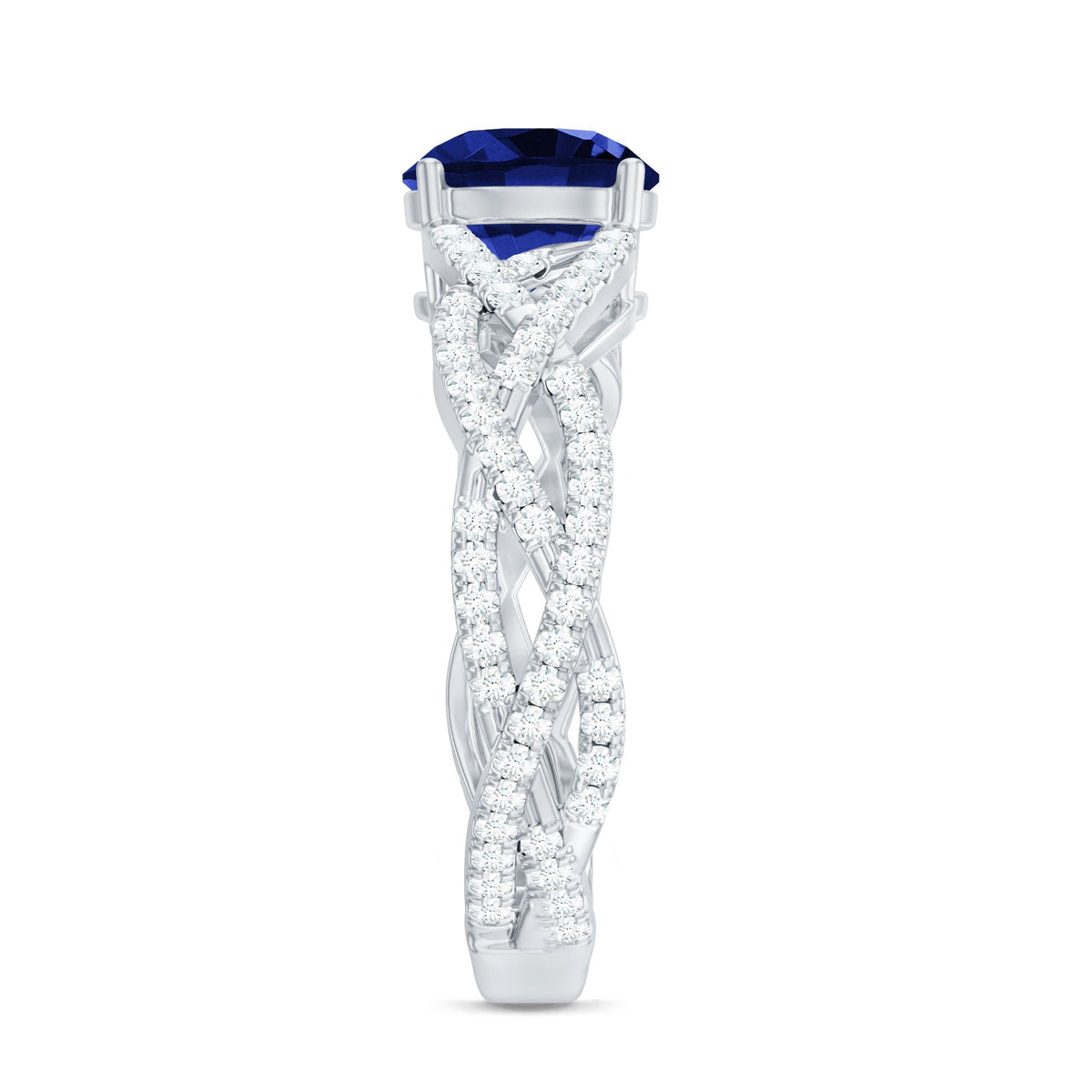 Lab Grown Sapphire Ring, Blue Sapphire Criss Cross Diamond Band