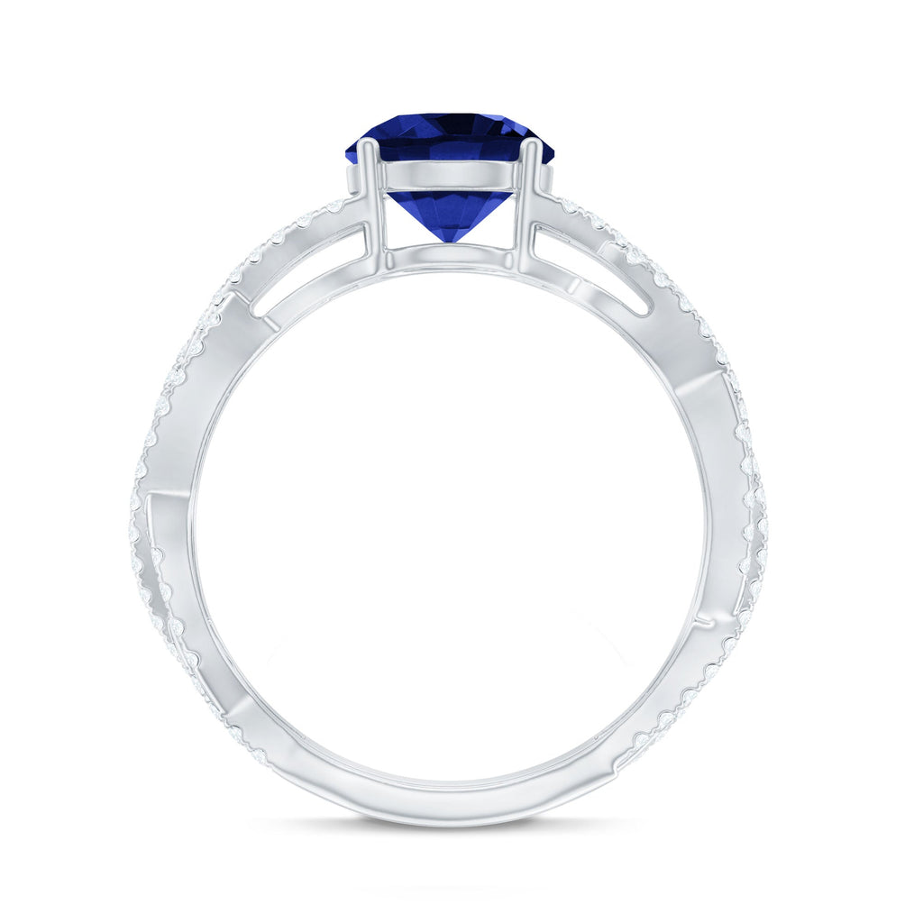 Lab Grown Sapphire Ring, Blue Sapphire Criss Cross Diamond Band