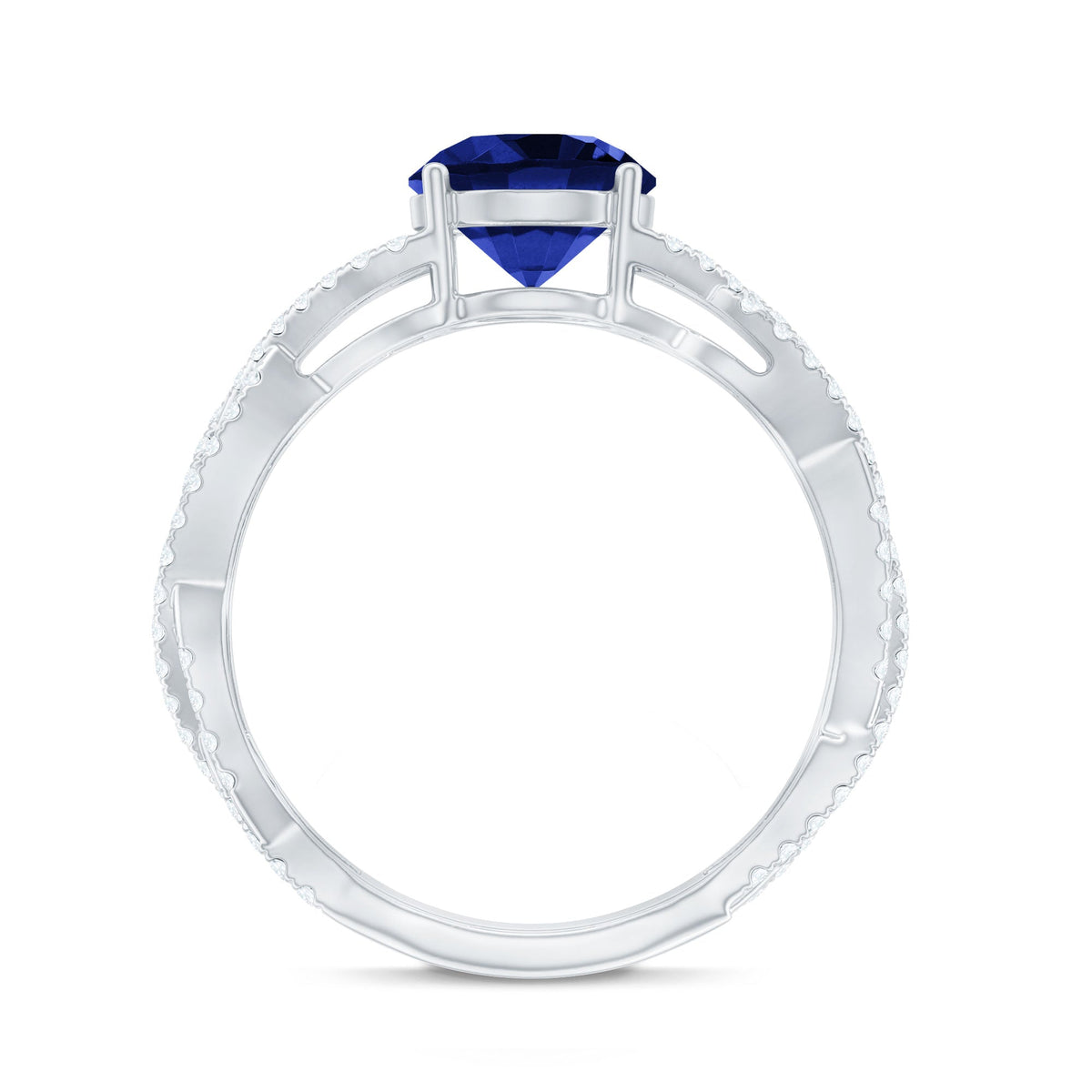 Lab Grown Sapphire Ring, Blue Sapphire Criss Cross Diamond Band