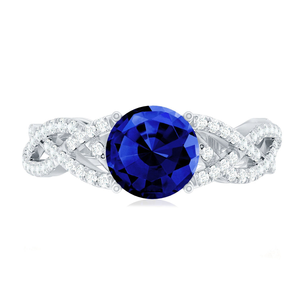 Lab Grown Sapphire Ring, Blue Sapphire Criss Cross Diamond Band