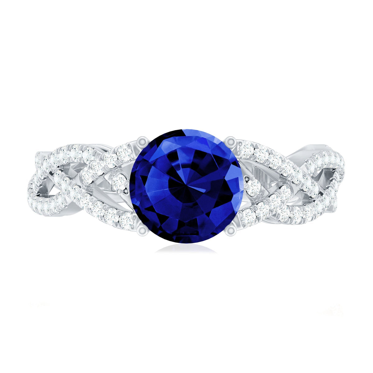 Lab Grown Sapphire Ring, Blue Sapphire Criss Cross Diamond Band