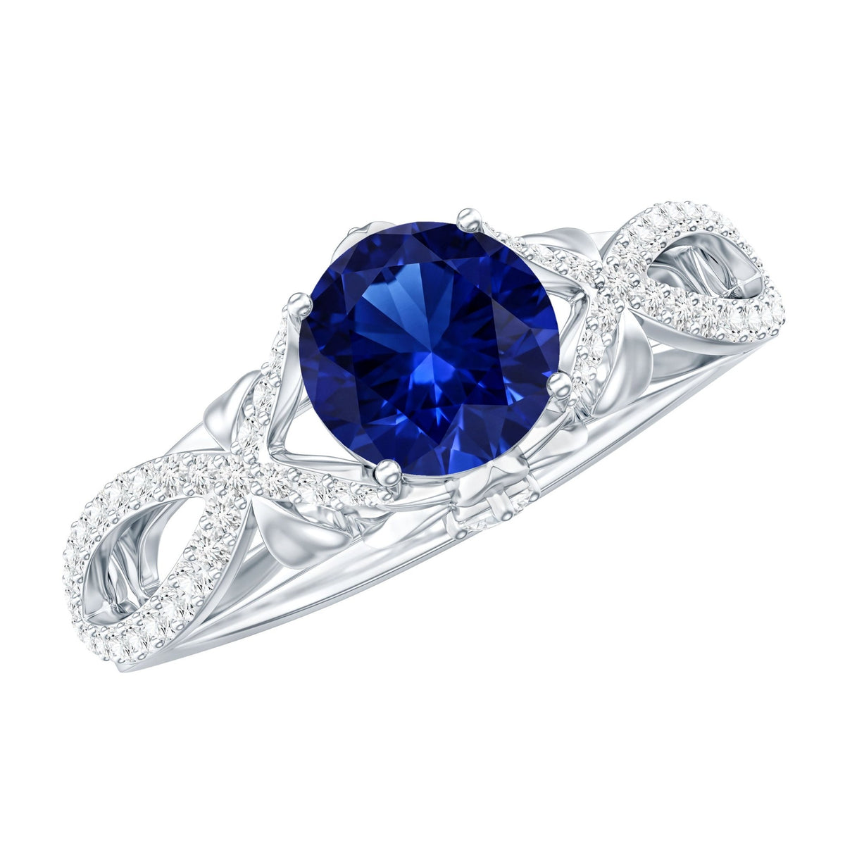 Lab Grown Sapphire Ring Blue Sapphire Diamond Crossover Shank