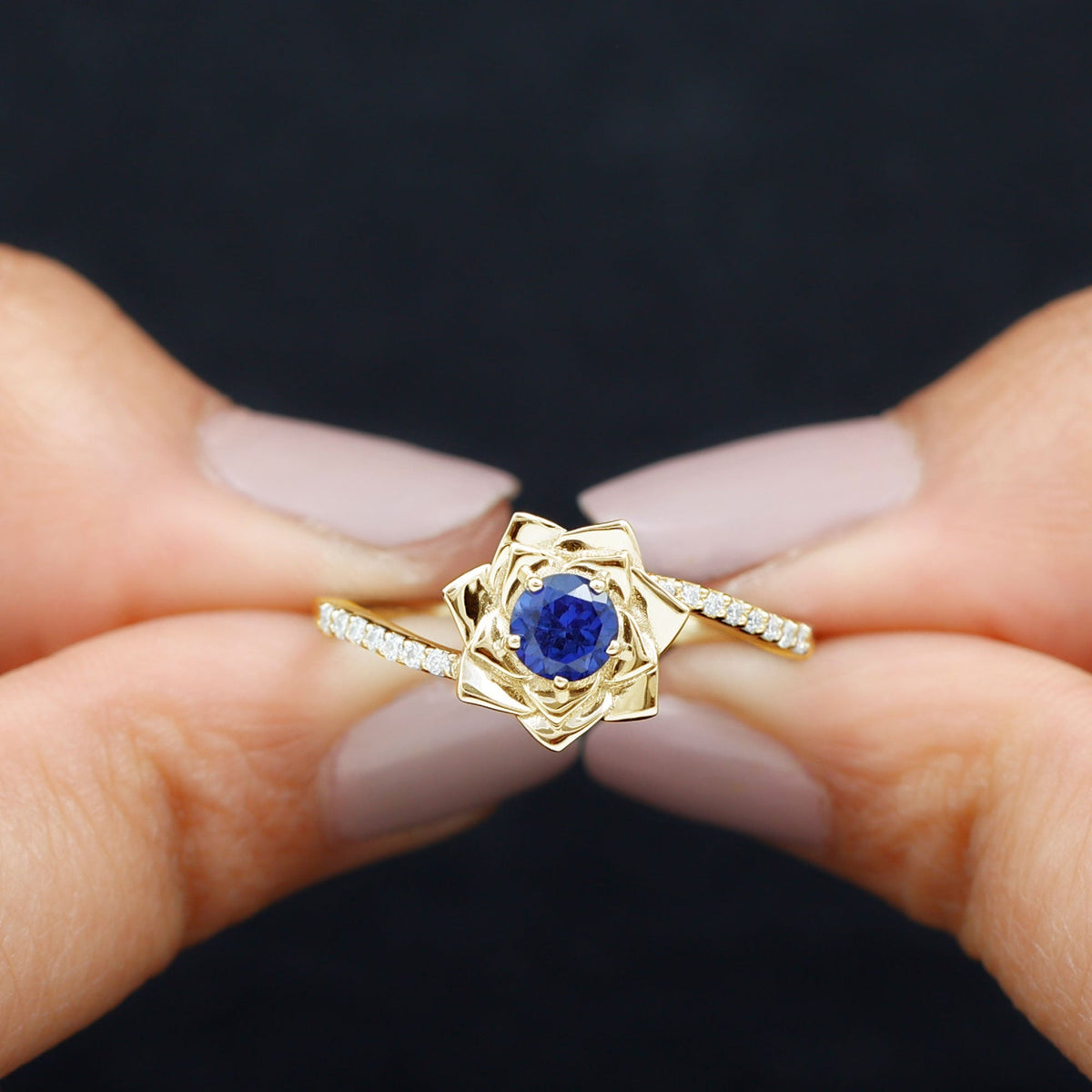 Lab Grown Sapphire Ring Blue Sapphire Diamond Flower Bypass Ring