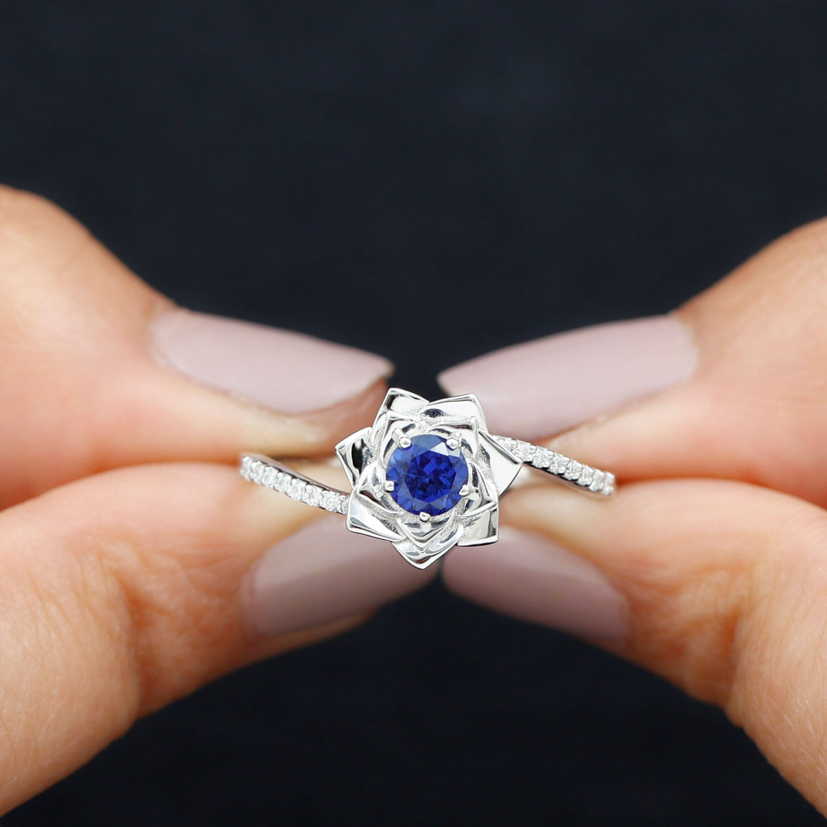 Lab Grown Sapphire Ring Blue Sapphire Diamond Flower Bypass Ring
