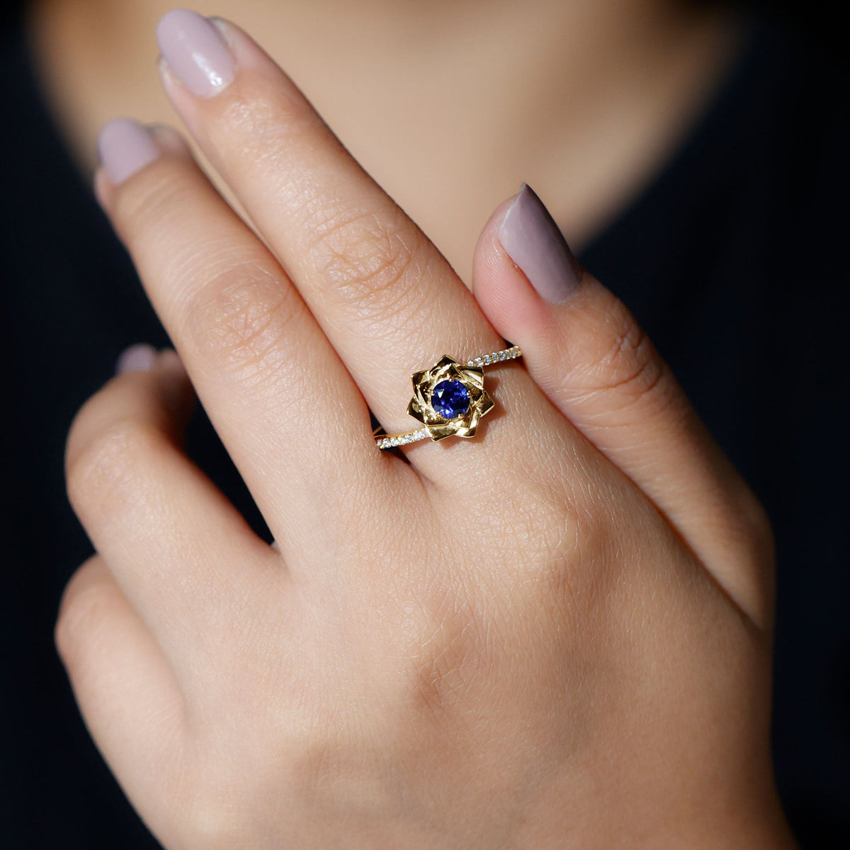 Lab Grown Sapphire Ring Blue Sapphire Diamond Flower Bypass Ring