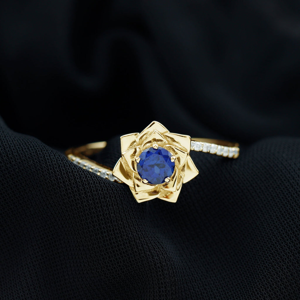 Lab Grown Sapphire Ring Blue Sapphire Diamond Flower Bypass Ring