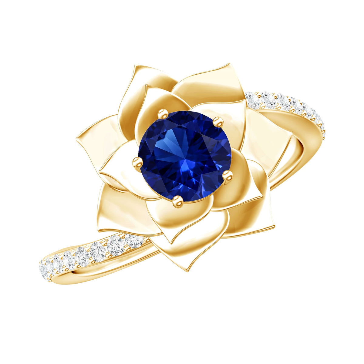 Lab Grown Sapphire Ring Blue Sapphire Diamond Flower Bypass Ring
