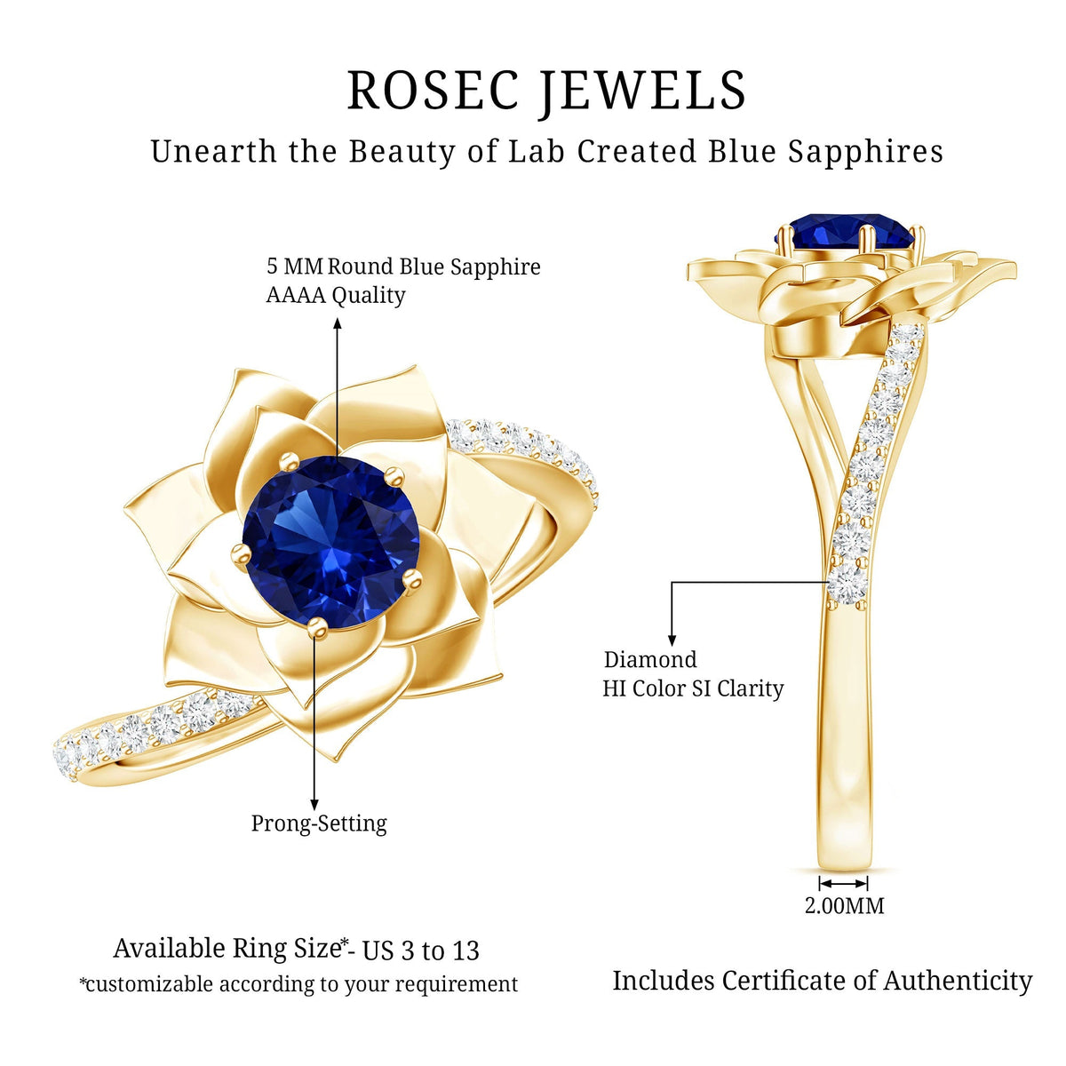 Lab Grown Sapphire Ring Blue Sapphire Diamond Flower Bypass Ring