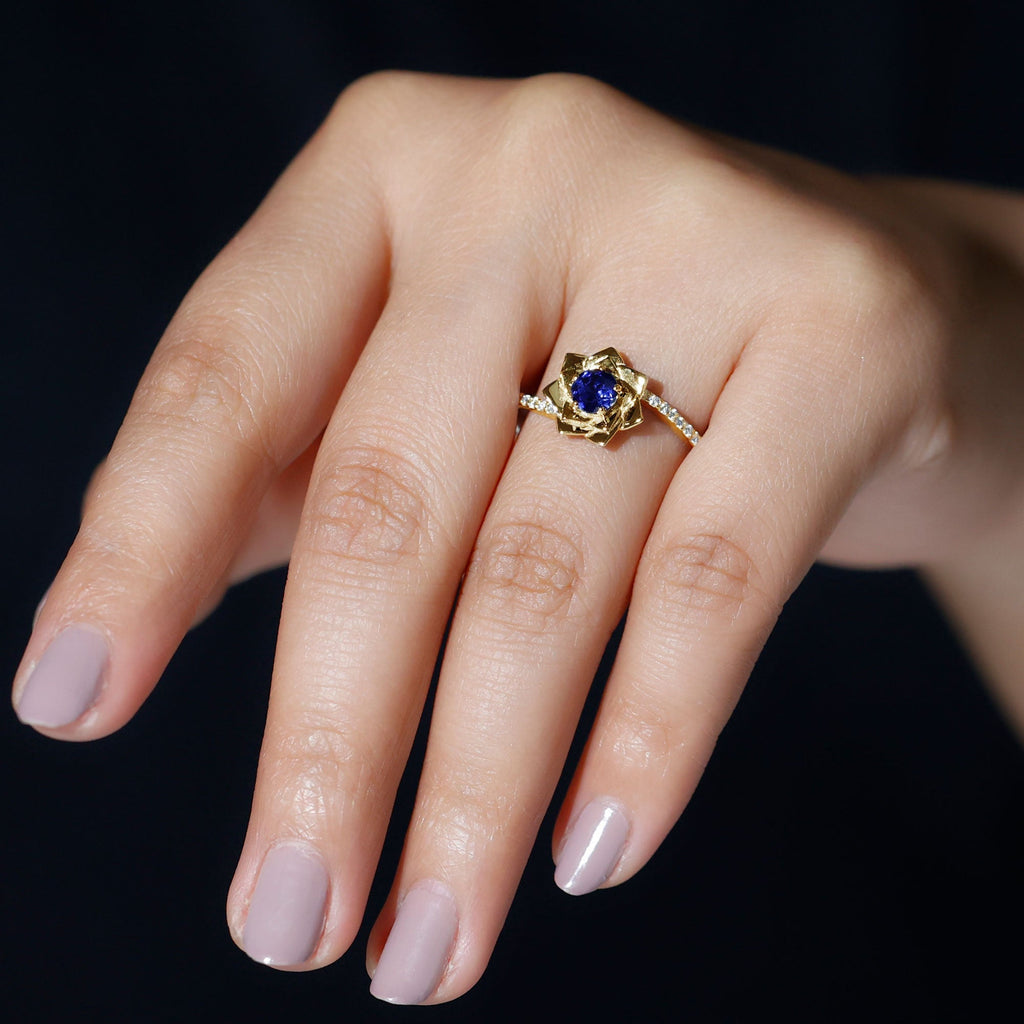 Lab Grown Sapphire Ring Blue Sapphire Diamond Flower Bypass Ring