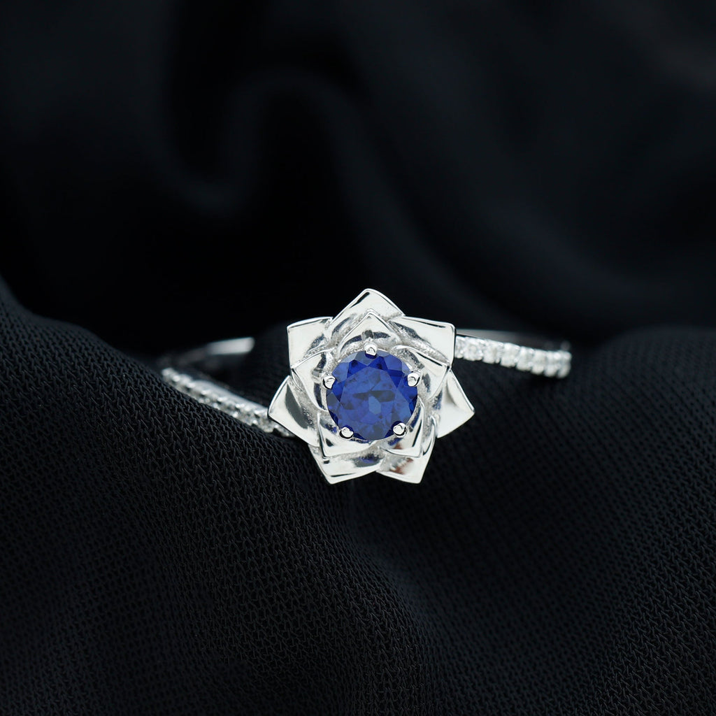 Lab Grown Sapphire Ring Blue Sapphire Diamond Flower Bypass Ring