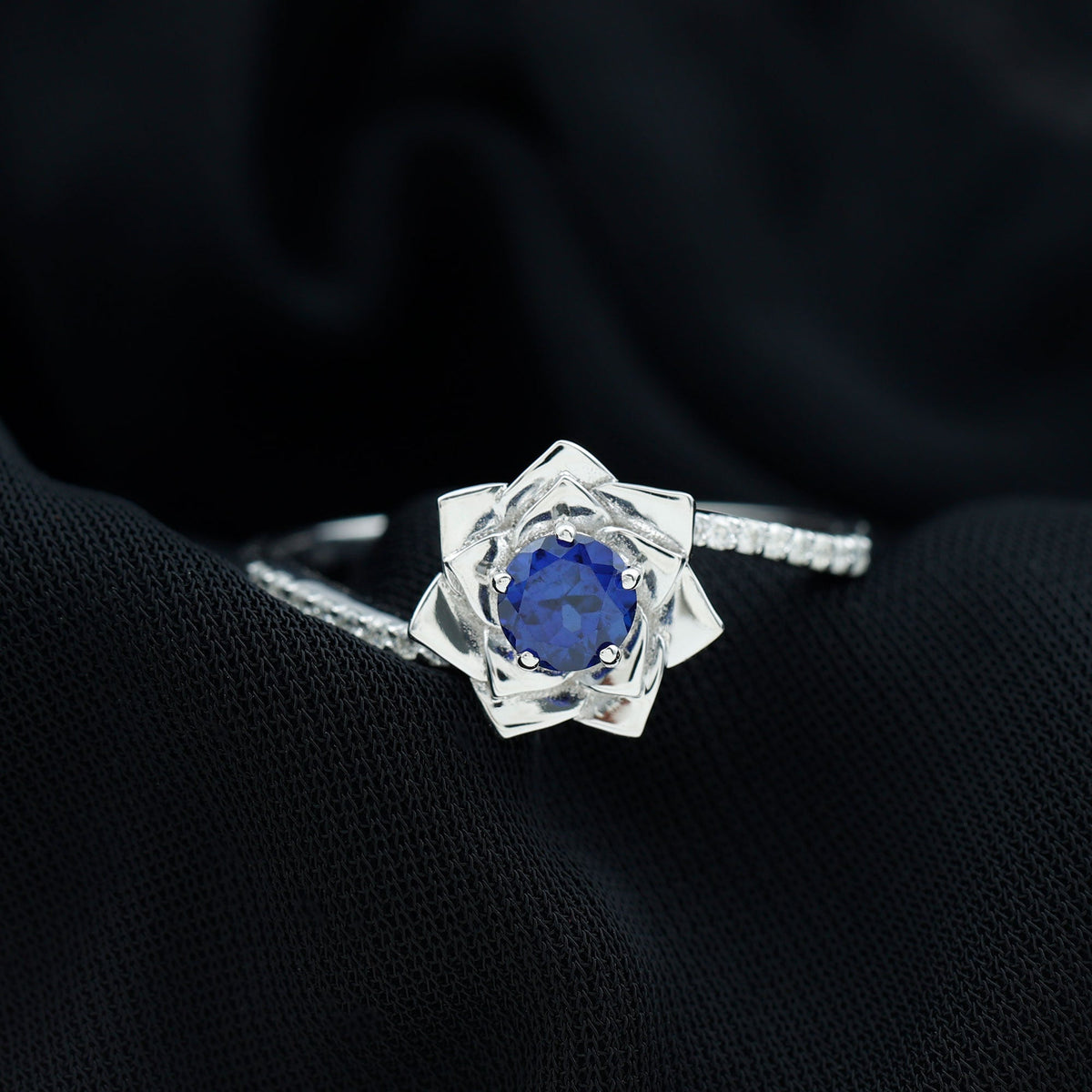 Lab Grown Sapphire Ring Blue Sapphire Diamond Flower Bypass Ring
