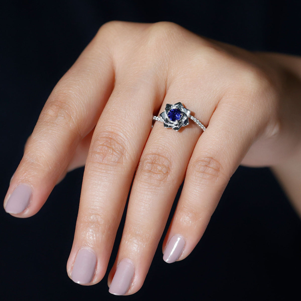 Lab Grown Sapphire Ring Blue Sapphire Diamond Flower Bypass Ring