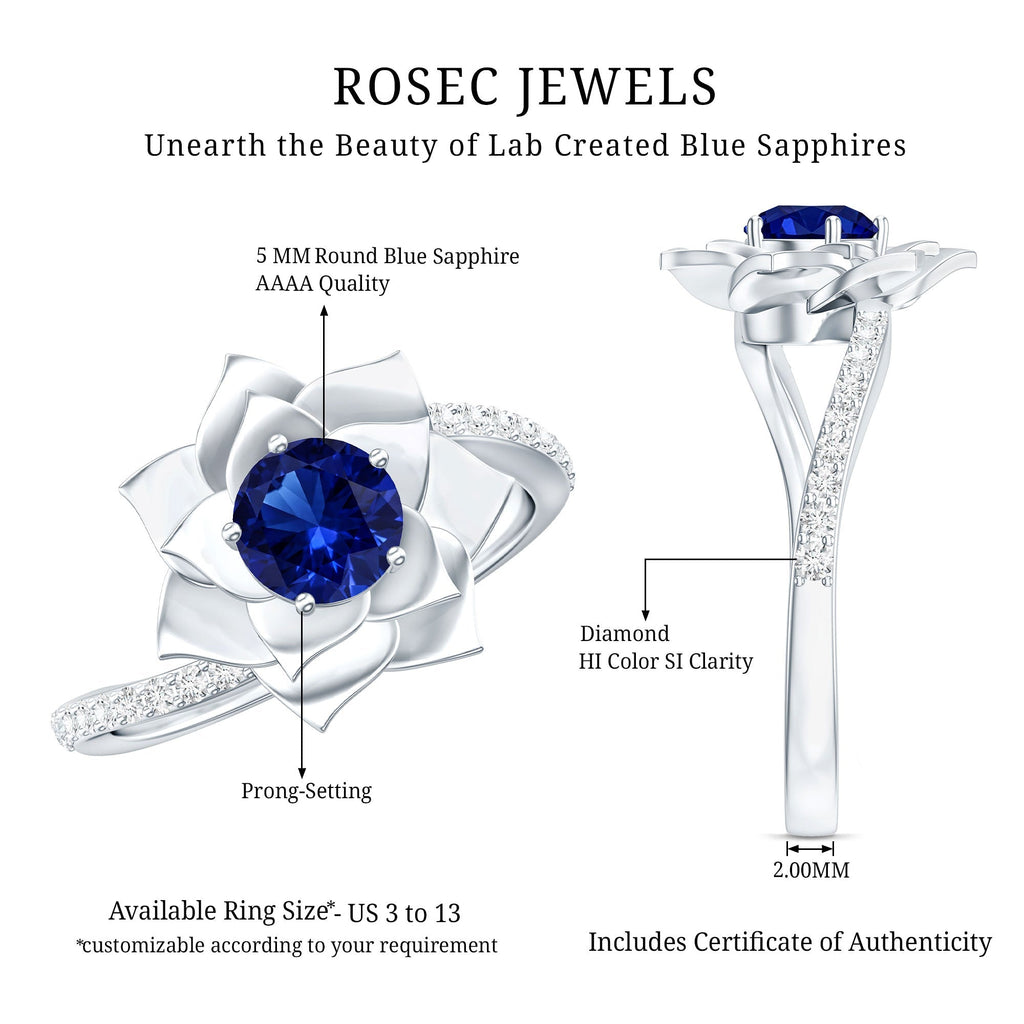 Lab Grown Sapphire Ring Blue Sapphire Diamond Flower Bypass Ring