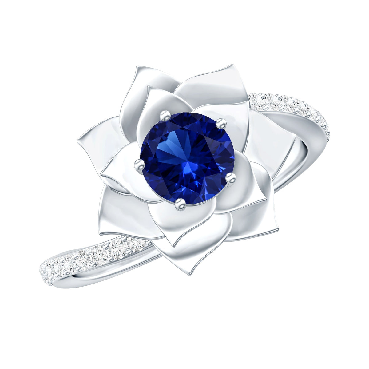 Lab Grown Sapphire Ring Blue Sapphire Diamond Flower Bypass Ring