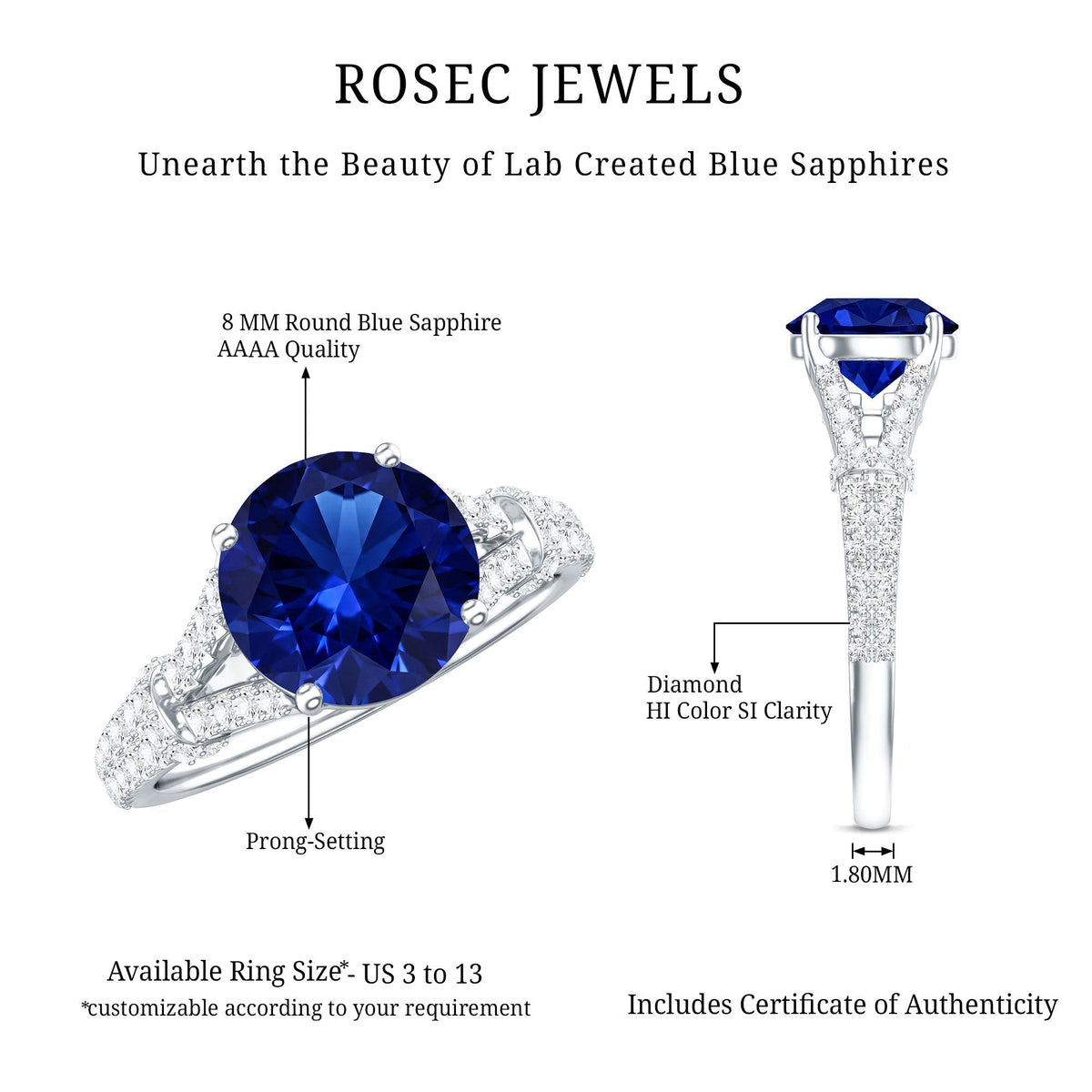 Lab Grown Sapphire Ring, Blue Sapphire Diamond Split Shank Band